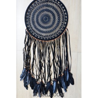 large size dream catcher crochet handmade black feather long leather